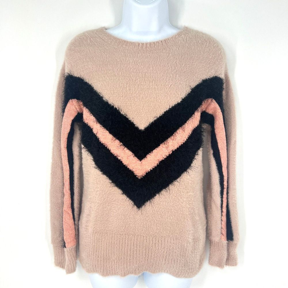 VINCE CAMUTO Pink Fuzzy Sweater Size XXS Long Sleeve Crew Neck Black Stripe